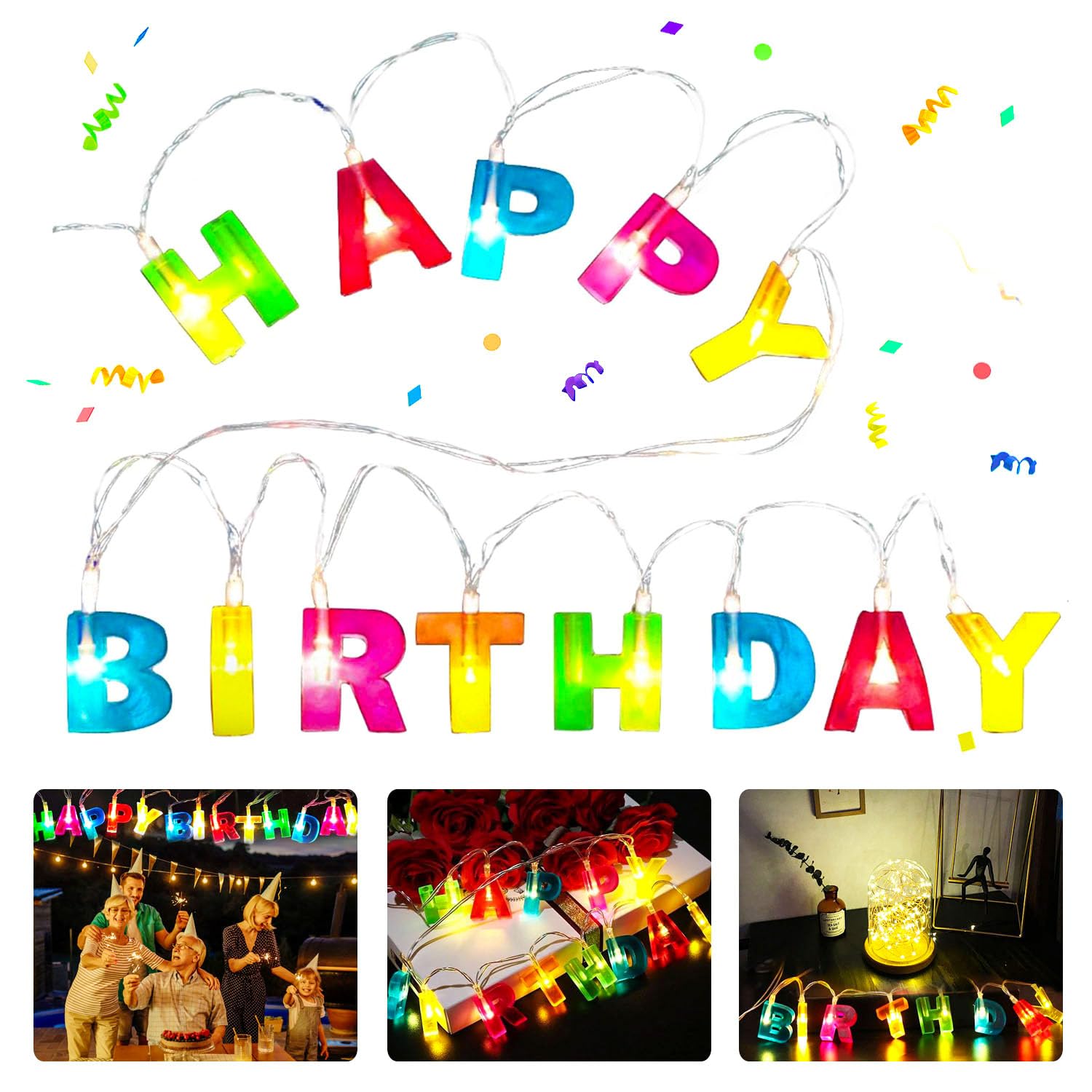 LED Lichterkette Happy Birthday, Happy Birthday Lights Lichterkette mit 13 LEDs, Buchstaben-Lichter-kette Geburtstag, für Weihnachten, Party, Geburtstag