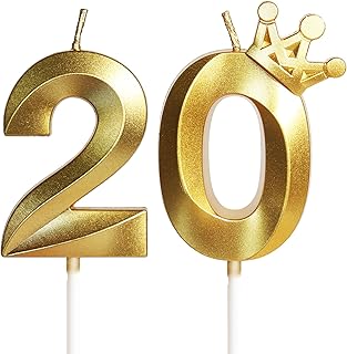 20th Birthday Candles for Cake, Number 20 Gold Candles with Crown, 3D Design Birthday Cake Topper for Women Men Birthday Party Wedding Anniversary Celebration Decorations Supplies