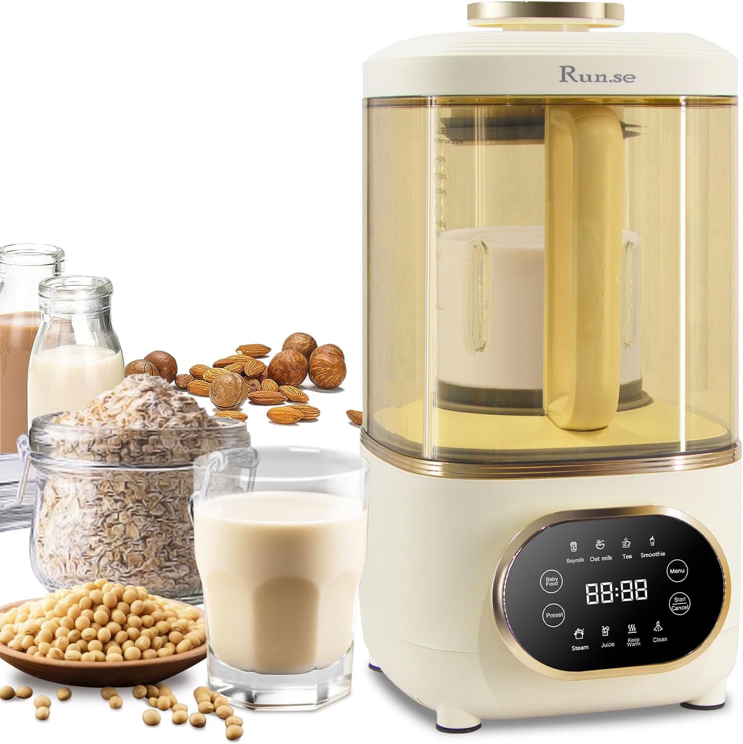 8-In-1 Soymilk Maker with Low noise Soundproof Cover 50oz./1.5L Fully Automatic for Heat Soy Milk Oat Milk Soup Tea Smoothie Baby Food Self-Cleaning with Delay Start