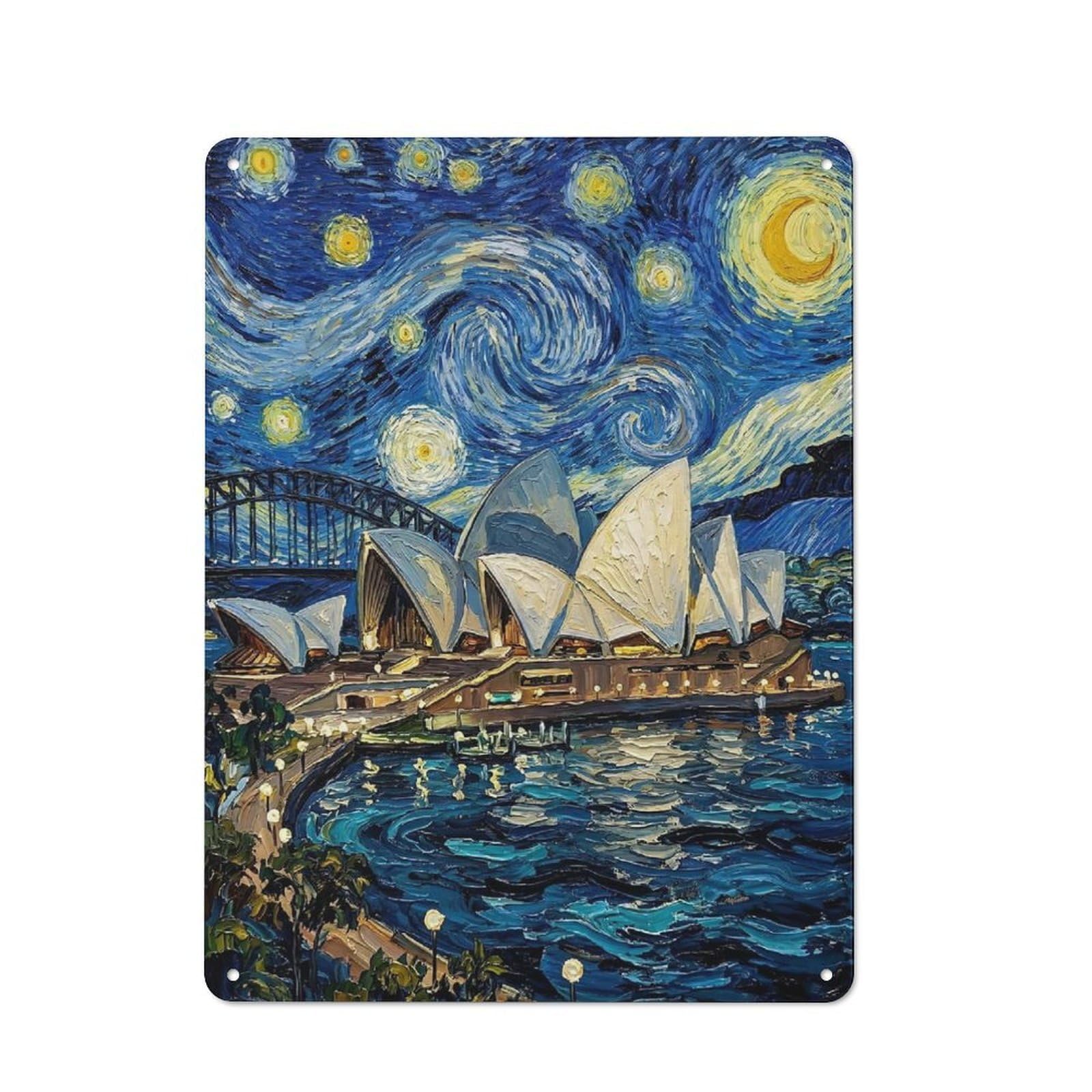 Junmoney Style-20 Sydney Opera House Starry Night Painting Warehouse Style Metal Wall Decor 40X30cm, Tin Wall Sign For Modern Home, Workshop, Office Or Cafe