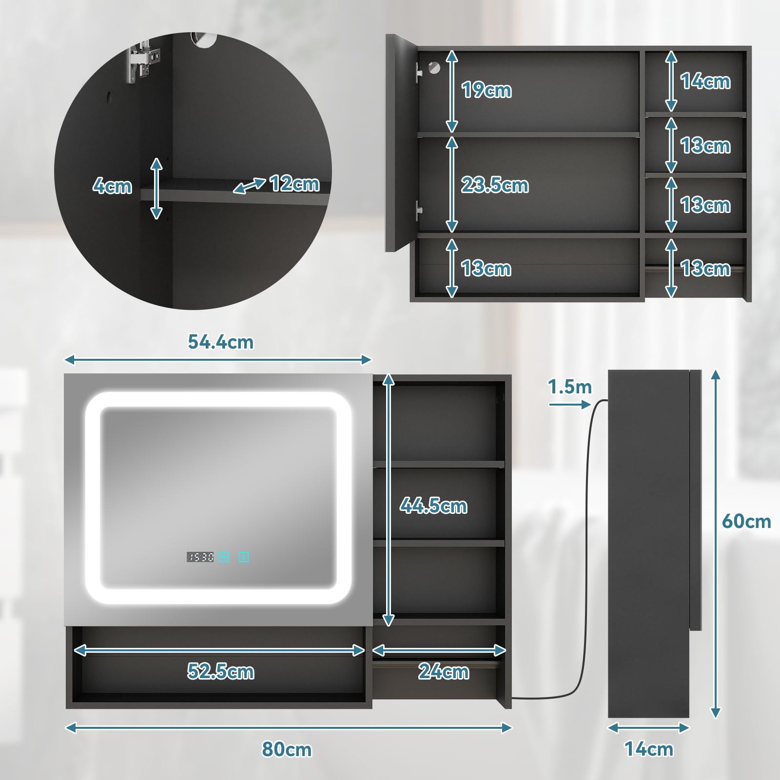 YU YUSING Armoire Salle de Bain avec Miroir LED 80x60cm, Meuble de Toilette Suspendu avec 6 Étagères et Porte-Serviettes, Hauteur Réglable, Anti-Buée, 3 Températures de Lumière Réglables, Noir
