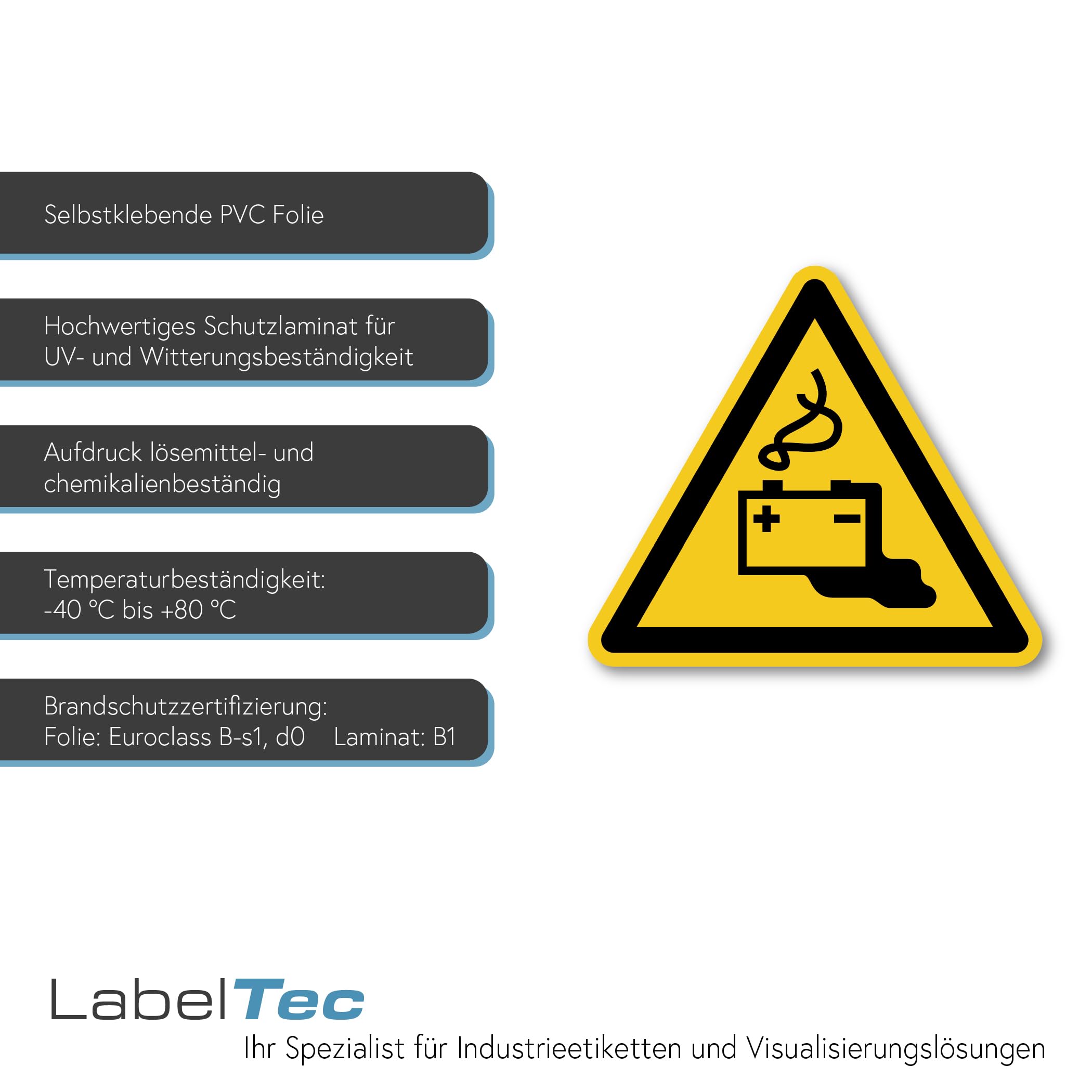 Señal de advertencia de peligros por baterías, pegatinas según DIN EN ISO 7010 ASR A1.3 W026 símbolo de advertencia – Peligro de la batería adhesivo de seguridad para baterías industriales