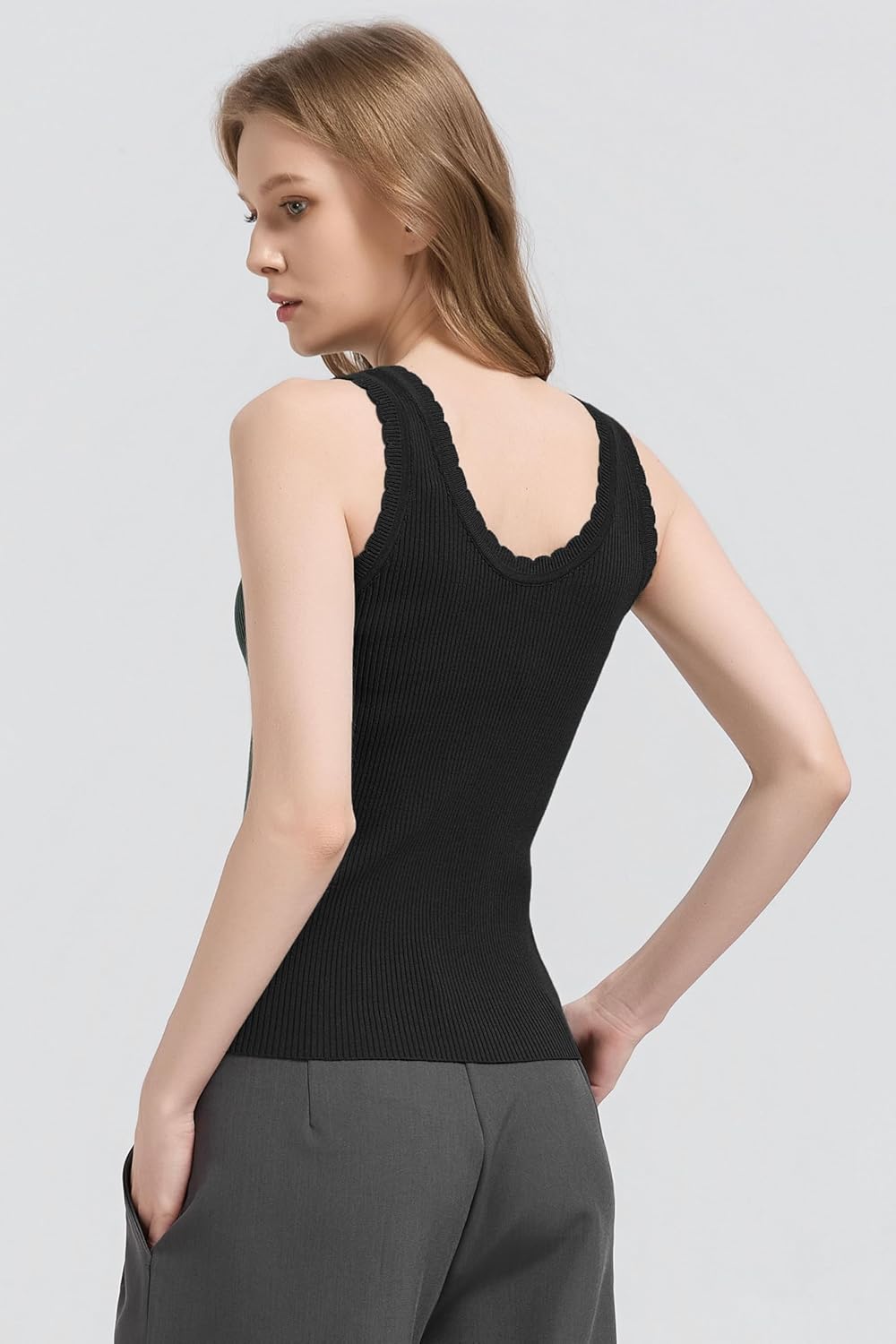 Orolay CHIIONE Womens Ribbed Tank Top Soft Knit Sweater Shirt Scalloped Trim Sleeveless Top Fitted Summer Undershirt - Image 4