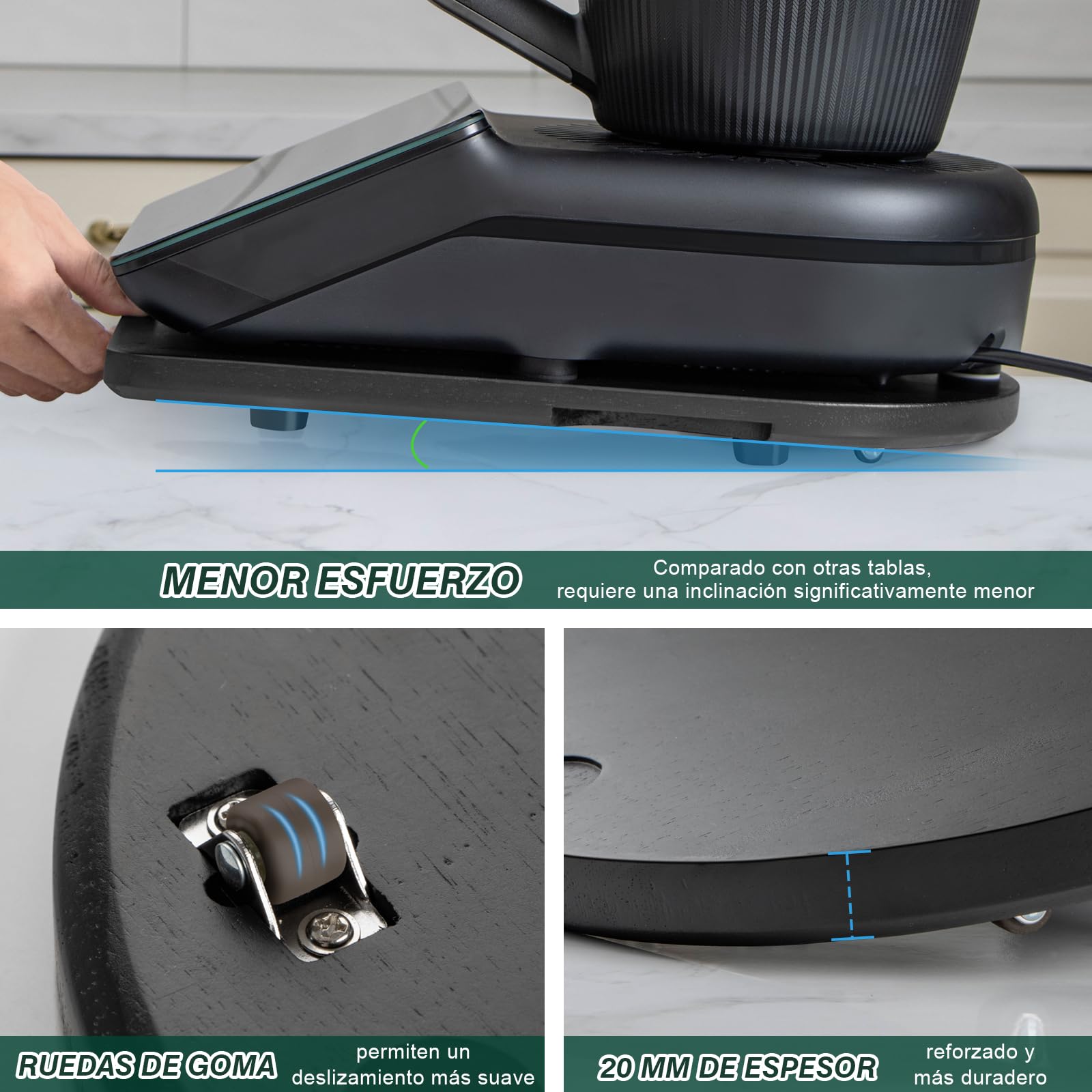 ANBOXIT Tabla Deslizante para Thermomix TM7, Base para Thermomix con Ruedas, Soporte para Bimby,de Bambú - Negro