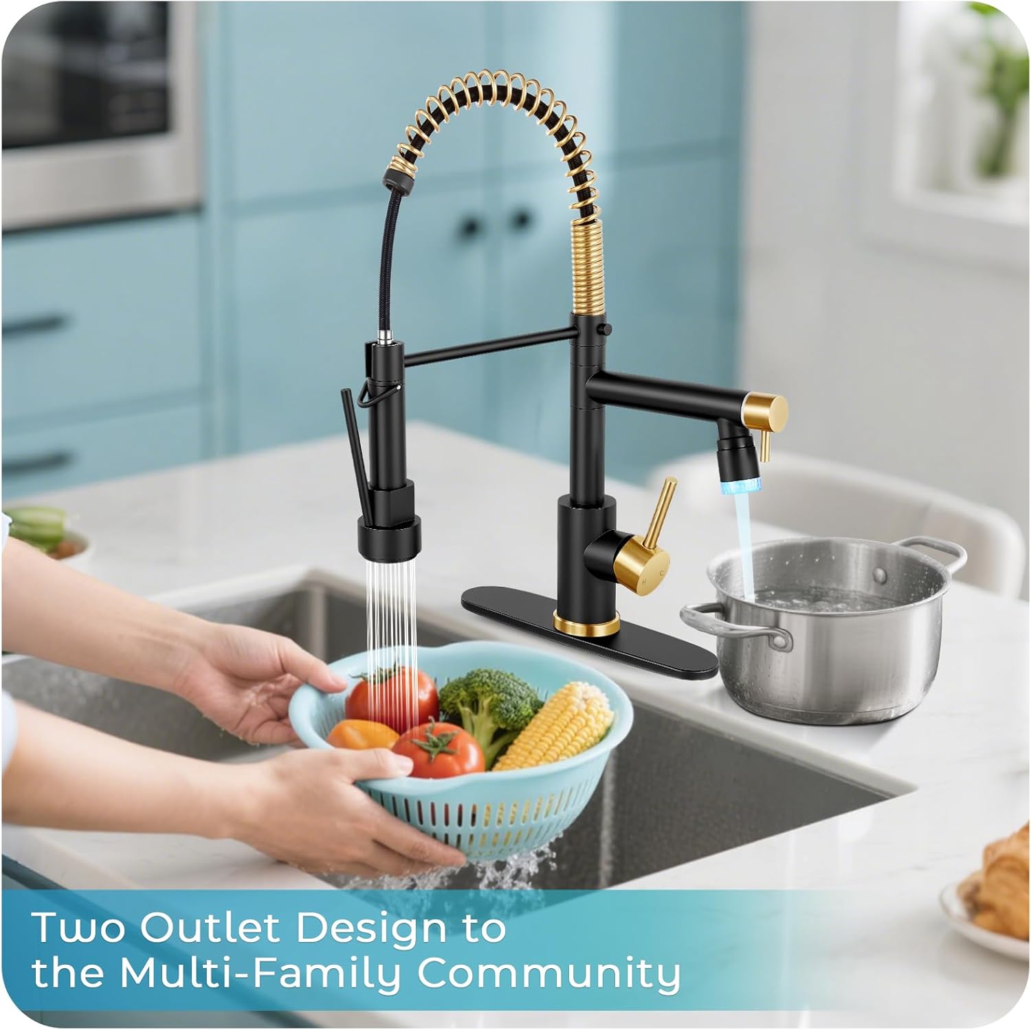 LED Kitchen Faucet with Pull Down Sprayer - Black & Brushed Gold Single Handle Commercial Kitchen Faucets, 2-Spout Kitchen Sink Faucet, Stainless Steel Spring Pull Out Sink Faucet 1/3 Hole