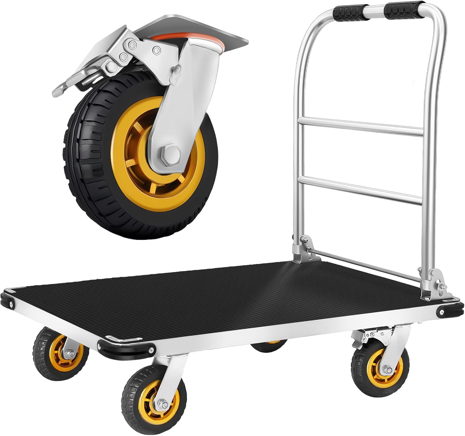 Platform Truck Cart, 2400 LBS Capacity Steel Heavy Duty Moving Platform Trucks Hand Cart w/Rubber Mat and 6'' Swivel Brake Wheels, Foldable Cart Dolly for Moving, Industry Goods Carrying (36"x24")