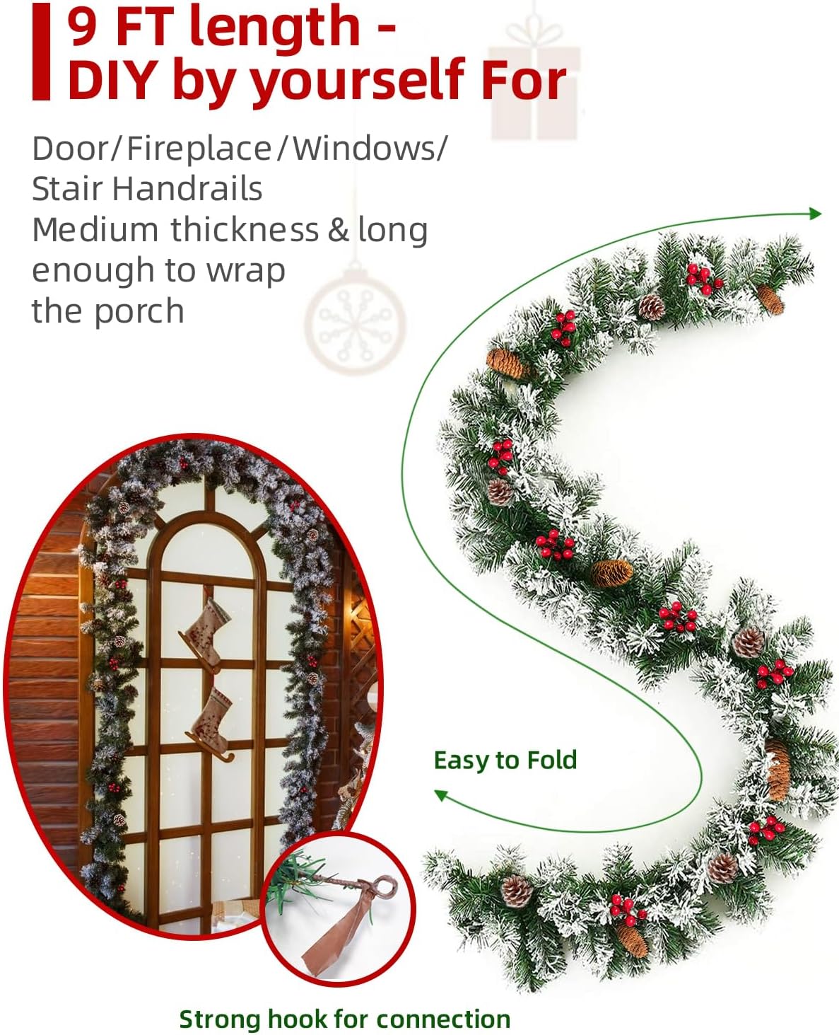 9FT Flocked Christmas Garland, Artificial Snowy Xmas Garland, Indoor Outdoor Winter Garland with Pine Cones and Red Berries for Christmas Decorations Table Mantle Room