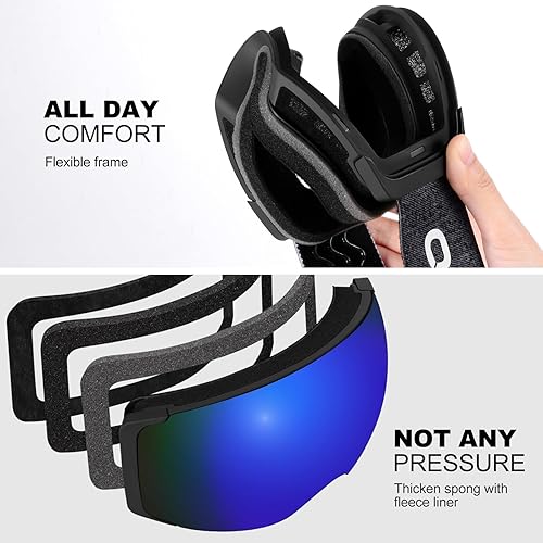 Miniatura 5 de Odoland Gafas de esquí magnéticas intercambiables con 2 lentes, grandes esféricos sin marco, gafas de snowboard para hombres y mujeres