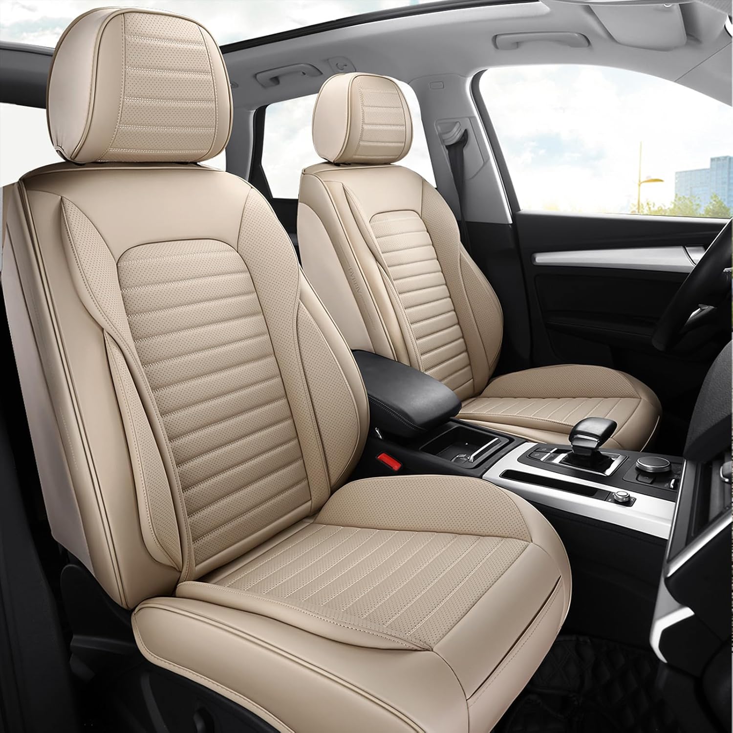 Car Seat Covers Full Set Beige, Luxury Nappa Leather Seat Covers for Cars, Breathable and Waterproof Automotive Seat Covers, Universal Anti-Slip Seat Protector Fit for Most Cars(Beige, Full Set)