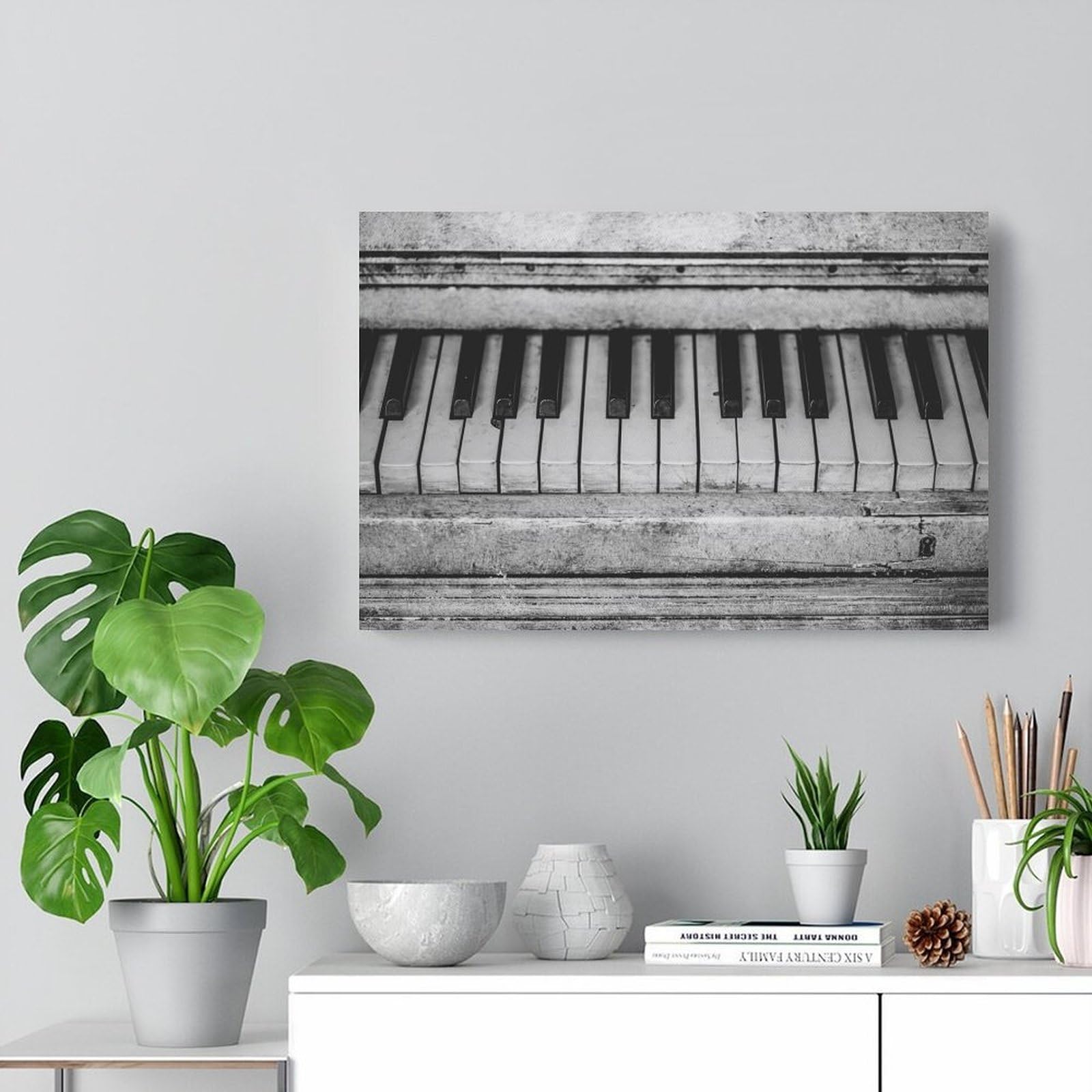 Póster retro de piano antiguo en blanco y negro con teclas en lienzo, decoración de pared, impresiones artísticas en obras de arte modernas para sala de estar, baño, dormitorio, hogar, 60 x 90 cm