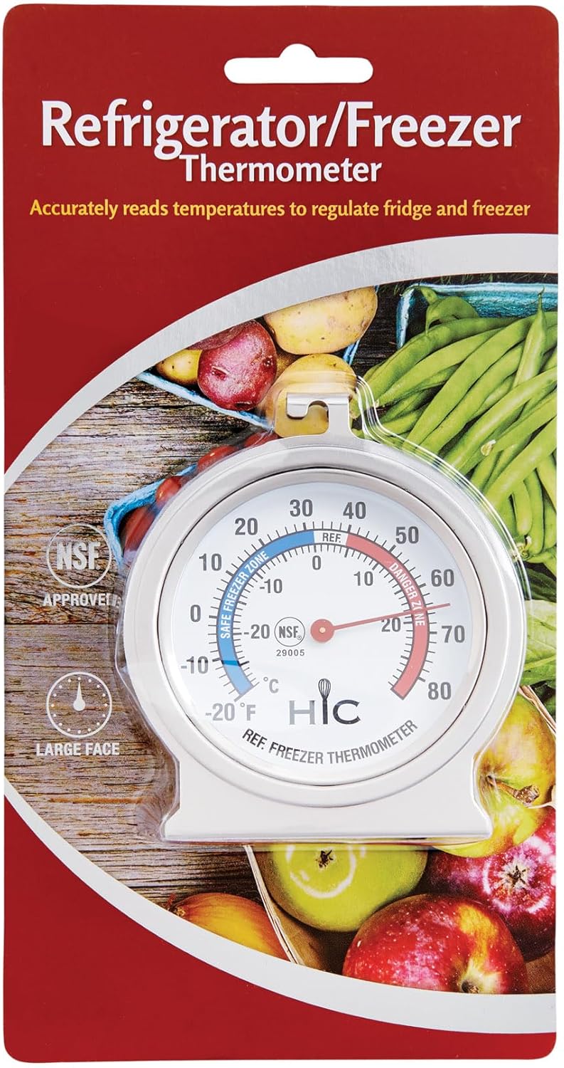 HIC Kitchen Roasting Refrigerator Freezer Thermometer, Large 2.5-Inch Easy-Read Face with Temperature Guide, Stainless Steel