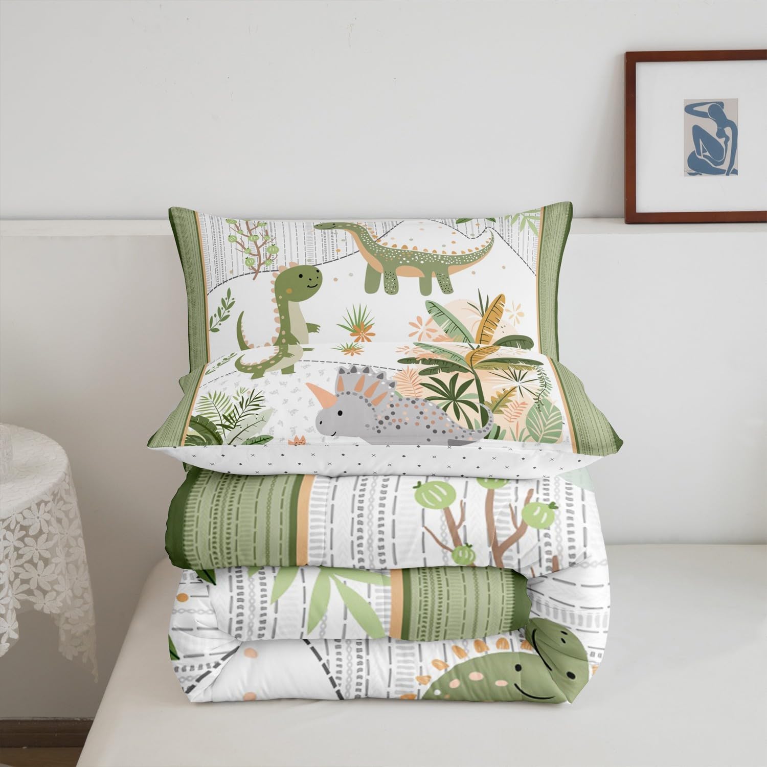 Feelyou Kids Cute Dinosaur Bedding Set King Size Cartoon Dinosaur Comforter Set for Boys Girls Teens Green Grey Duvet Set Coconut Plant Quilt Set 3Pcs