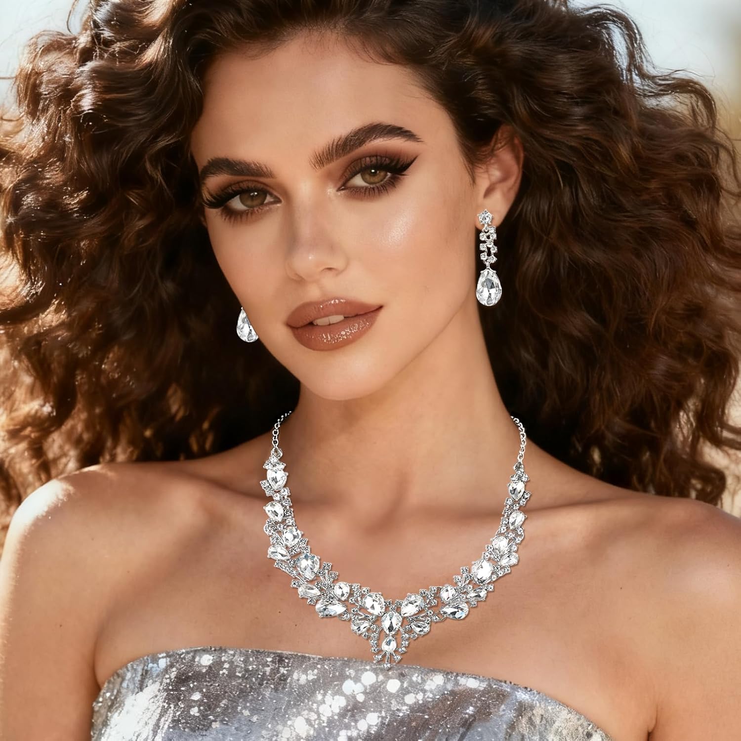 Rhinestone Wedding Jewelry Set for Women, Bridal Bridesmaid Jewelry Set Crystal Necklace Earrings Bracelet for Party - Image 5