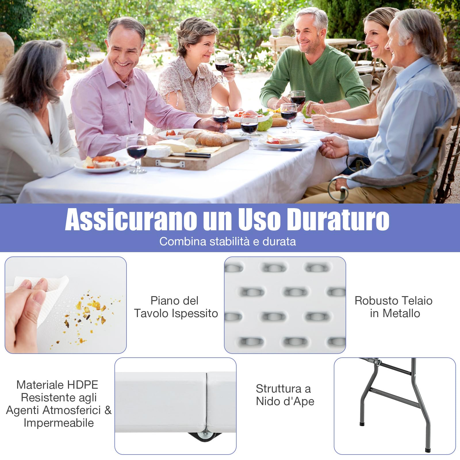 COSTWAY Tavolo da Pranzo Pieghevole 180 cm, Tavolo Campeggio con Maniglia | in Plastica, Gambe in Metallo e Piedini Antiscivolo, per Picnic, Campeggio, Giardino, Portata 180 kg