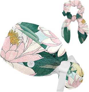 FVQL 2 Pieces Surgical Cap for Long Hair Scrub Cap with Hairband Nurse Cap, Flower Pond Painting