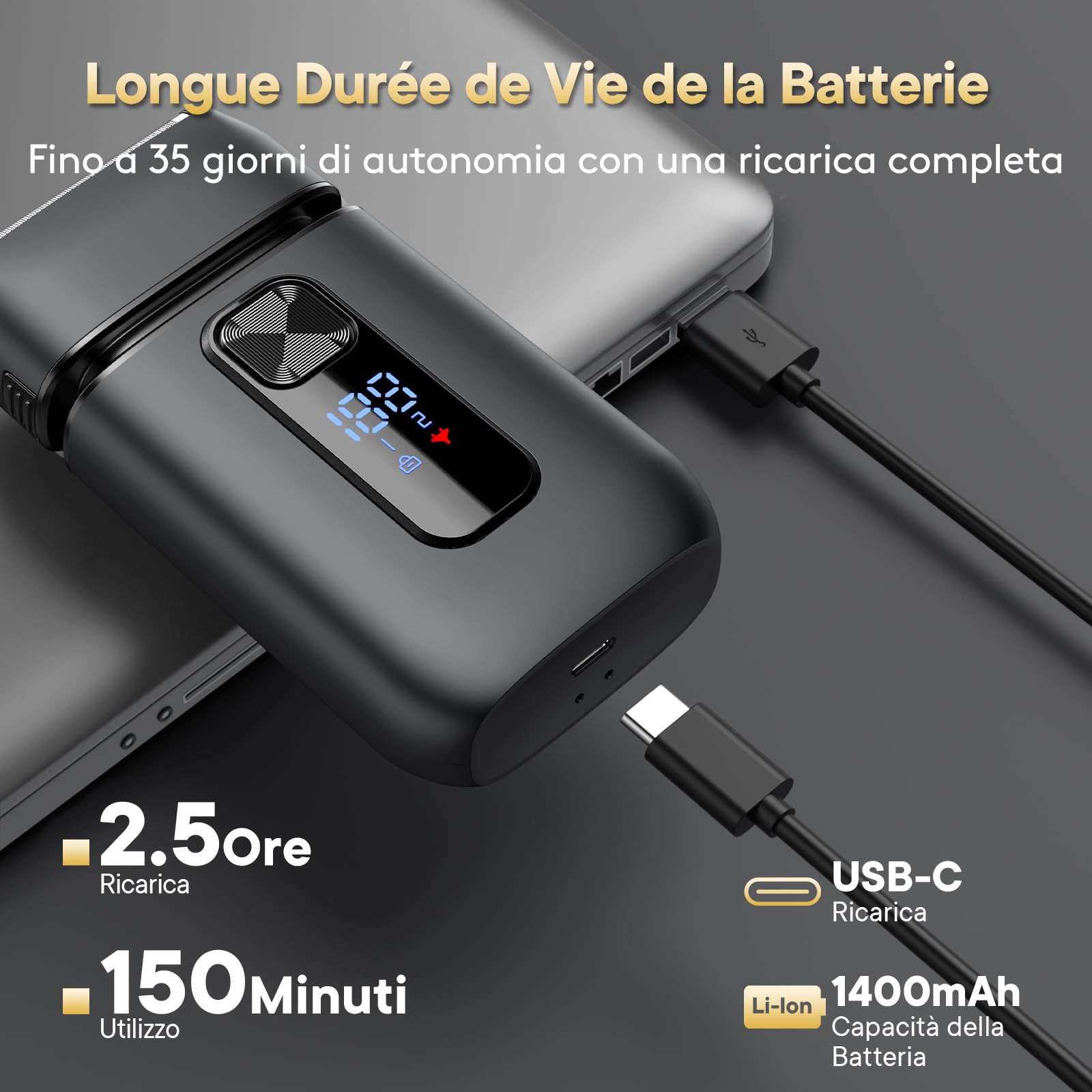 Brightup Rasoir Electrique Homme, Rasoir À Grille avec Tondeuse Rétractable, 150 Min D'autonomie, Etanche et Sans Fil, Charge Rapide USB-C, Lames Flexibles Pour Raser Doucement Visage et Barbe, Noir