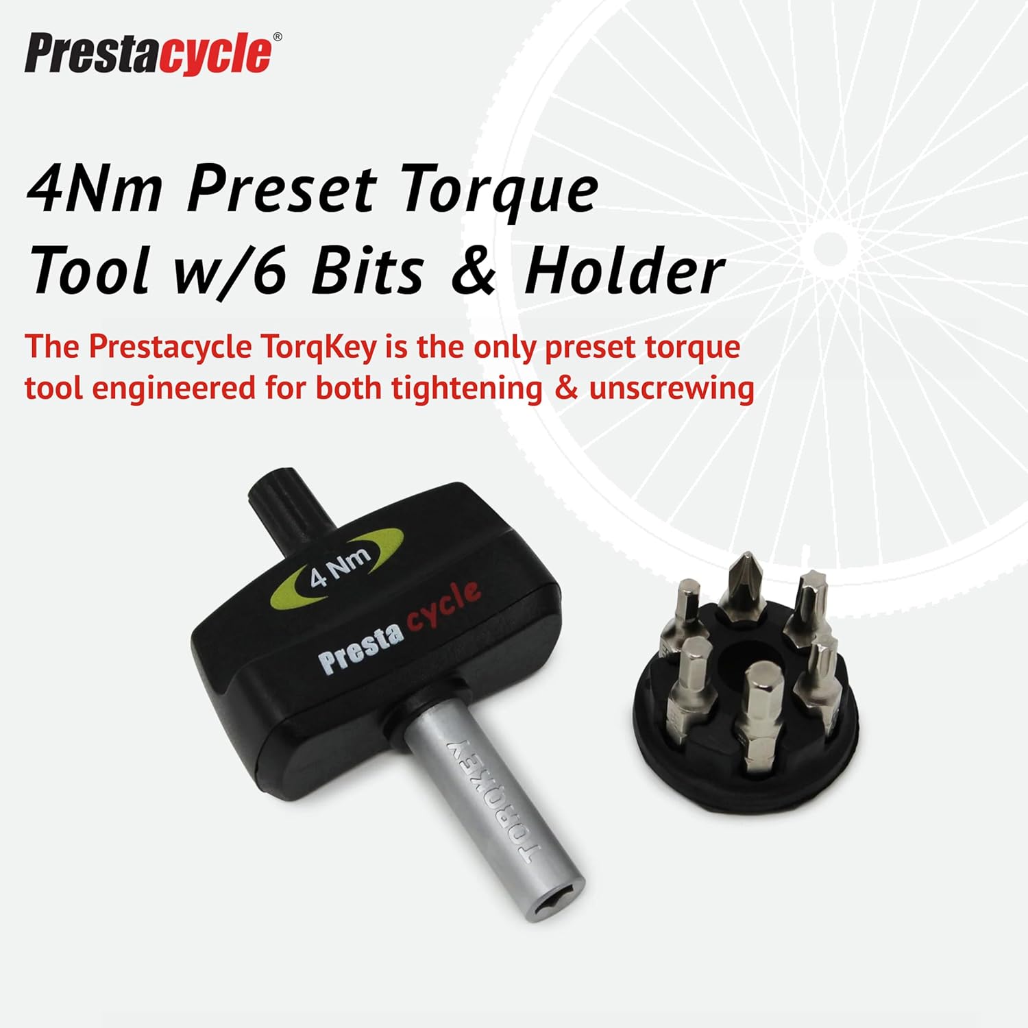 Prestacycle Mini Bike TorqKeys - Preset Torque Tool w/6 Bits & Holder – Compatible with Standard 1/4" hex bit - Choose from Sizes: 3Nm, 4Nm, 5Nm.