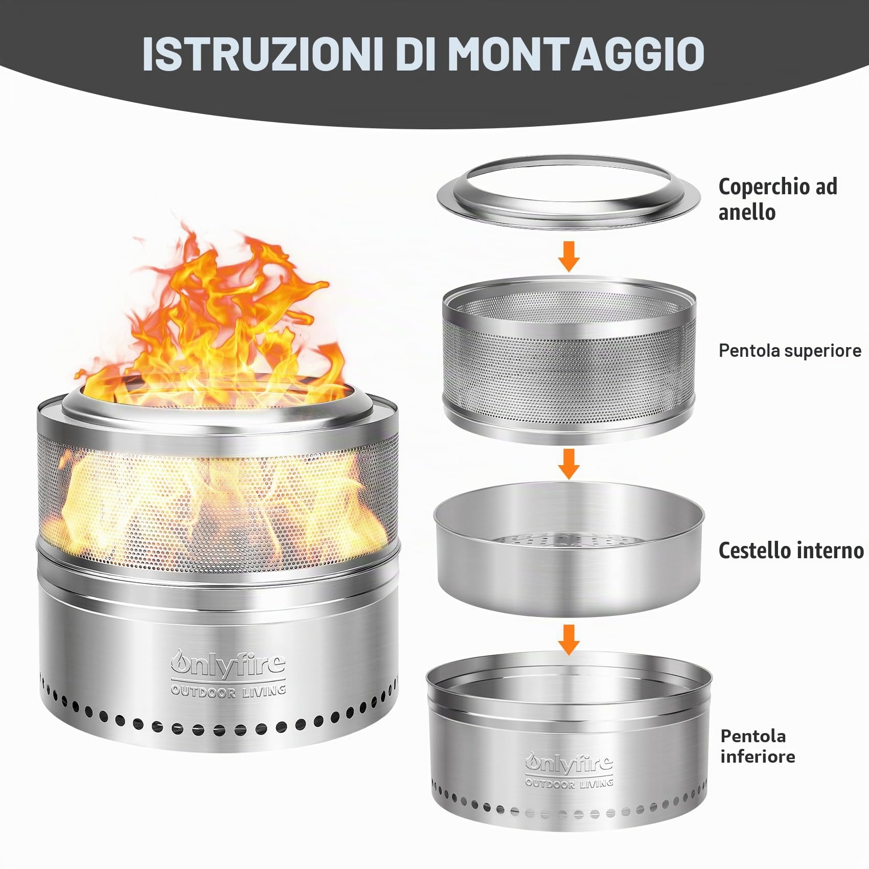 Onlyfire Braciere Senza Fumo Acciaio Inox Ø 50 cm Portatile per Falò All'aperto