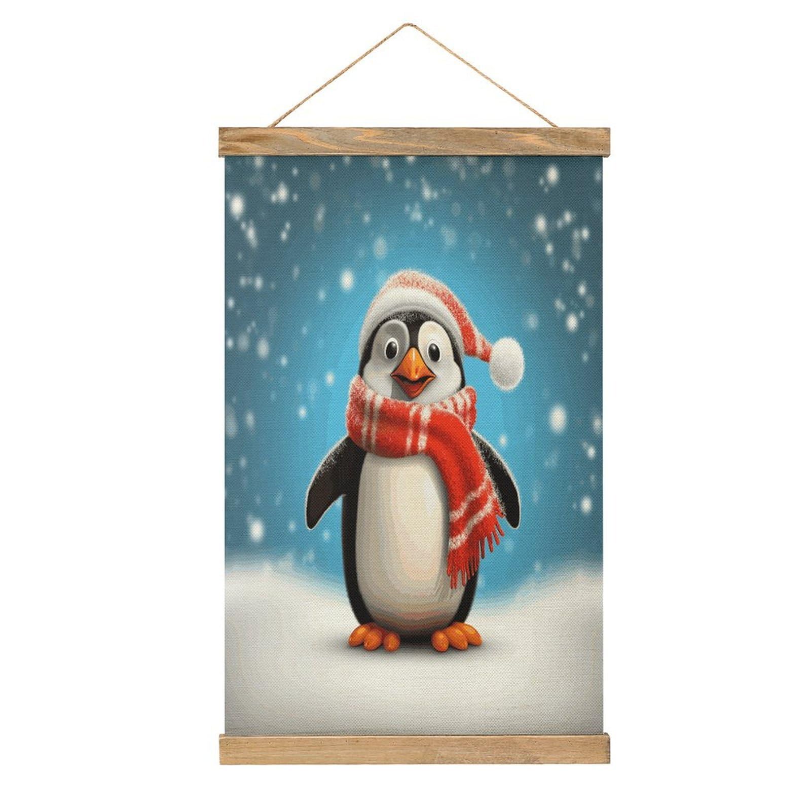 JTREHY Christmas Funny Penguin Linen Hanging Painting Vintage Poster Wall Art Prints Personality Style Wall Hanging Poster for Living Room Office Bedroom Decor Frame 13.2 X 20.47 Inch