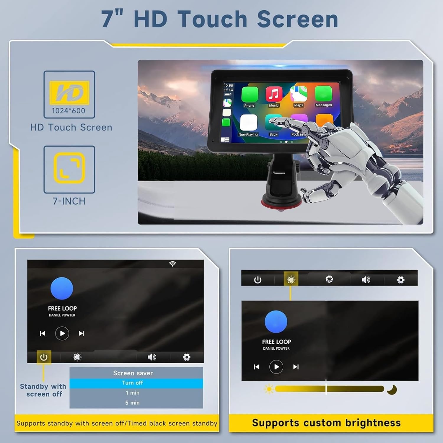 Sanpyl 7 Inch Portable Car Stereo, Android Auto Double Din Touchscreen Dash Mount Car Stereo Radio Screen with Mirror Link Voice Control Bluetooth Navigation