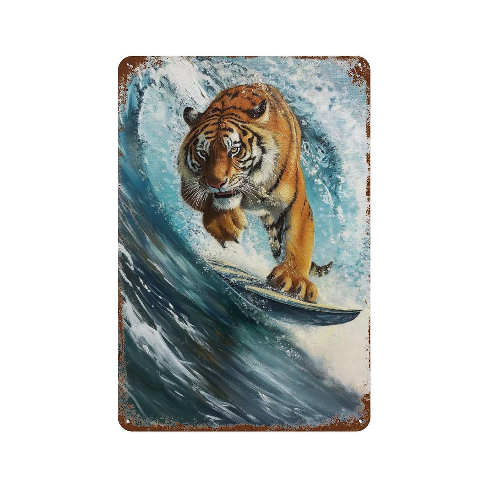 Surfing Tiger Surfer Wave Rust Effect Tin Sign 11.8"x7.9", Rustic Home Decor for Garage, Bar And Workshop Decor