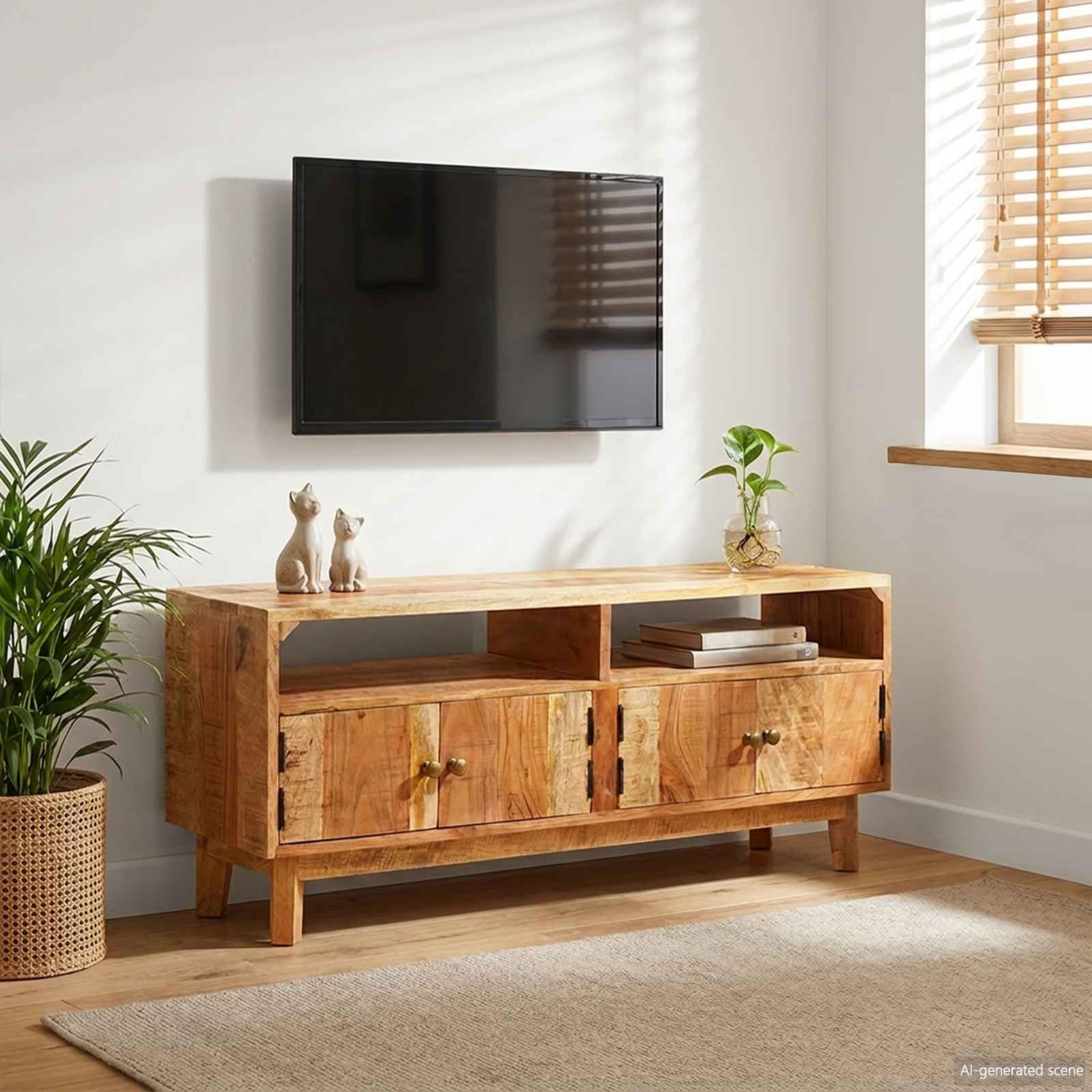 Armadio multimediale in legno massiccio di mango, marrone, 110 x | Cassettiera TV compatta in legno di mango con 2 ante per soggiorno e corridoio. Regolabile liberamente nella stanza.