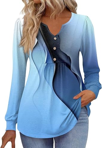 FlekmanArt Womens Long Sleeve Button Down Tunic Tops Henley V Neck Casual Swing Shirts Fall Fashion Printed Blouse