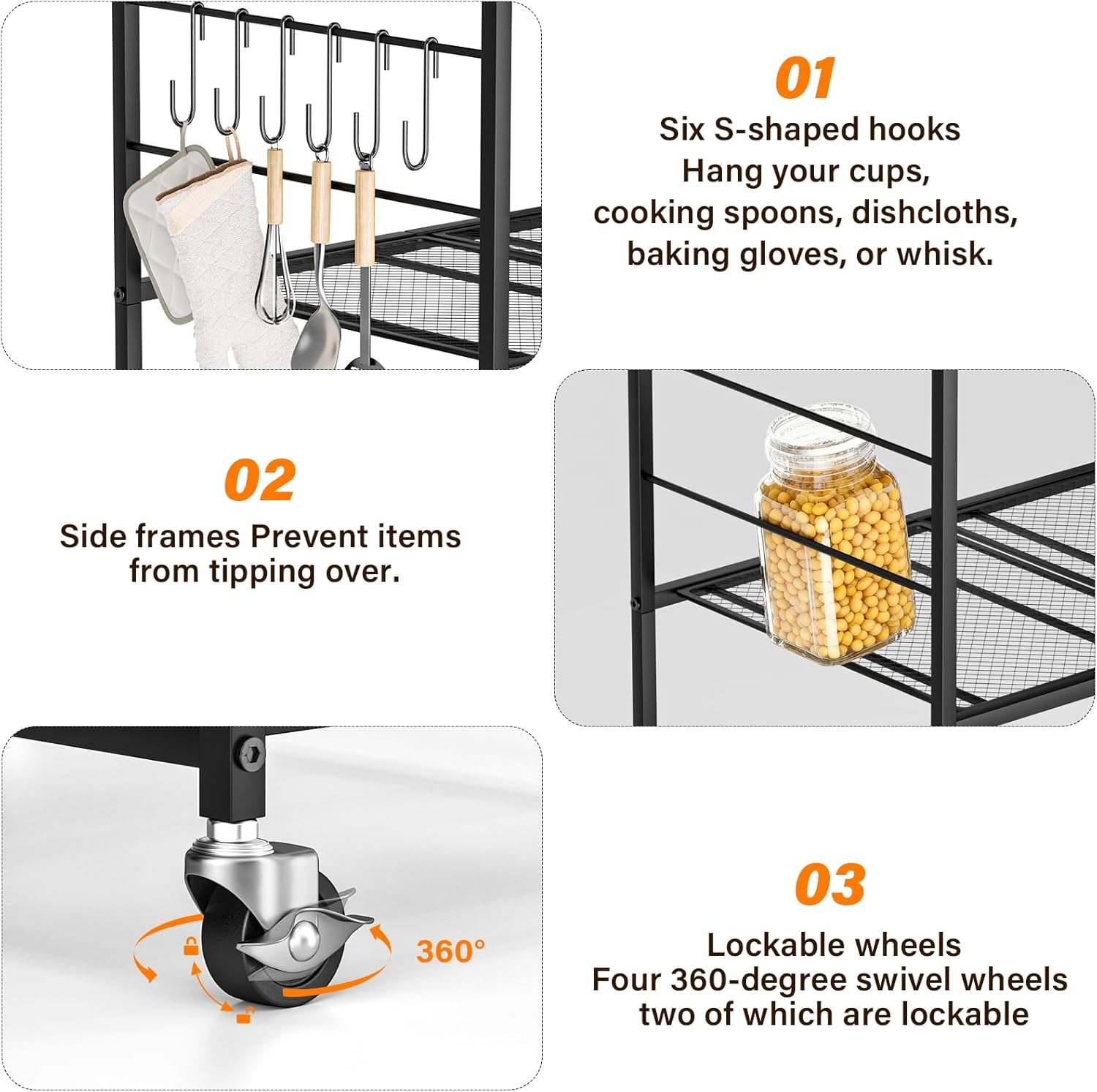 Abiglifty 3-Tier Rolling Kitchen Cart, Microwave Cart with Lockable Wheels, Kitchen Utility Cart, Mobile Microwave Stand with Storage for Living Room, Office, Balcony, Bathroom, Black