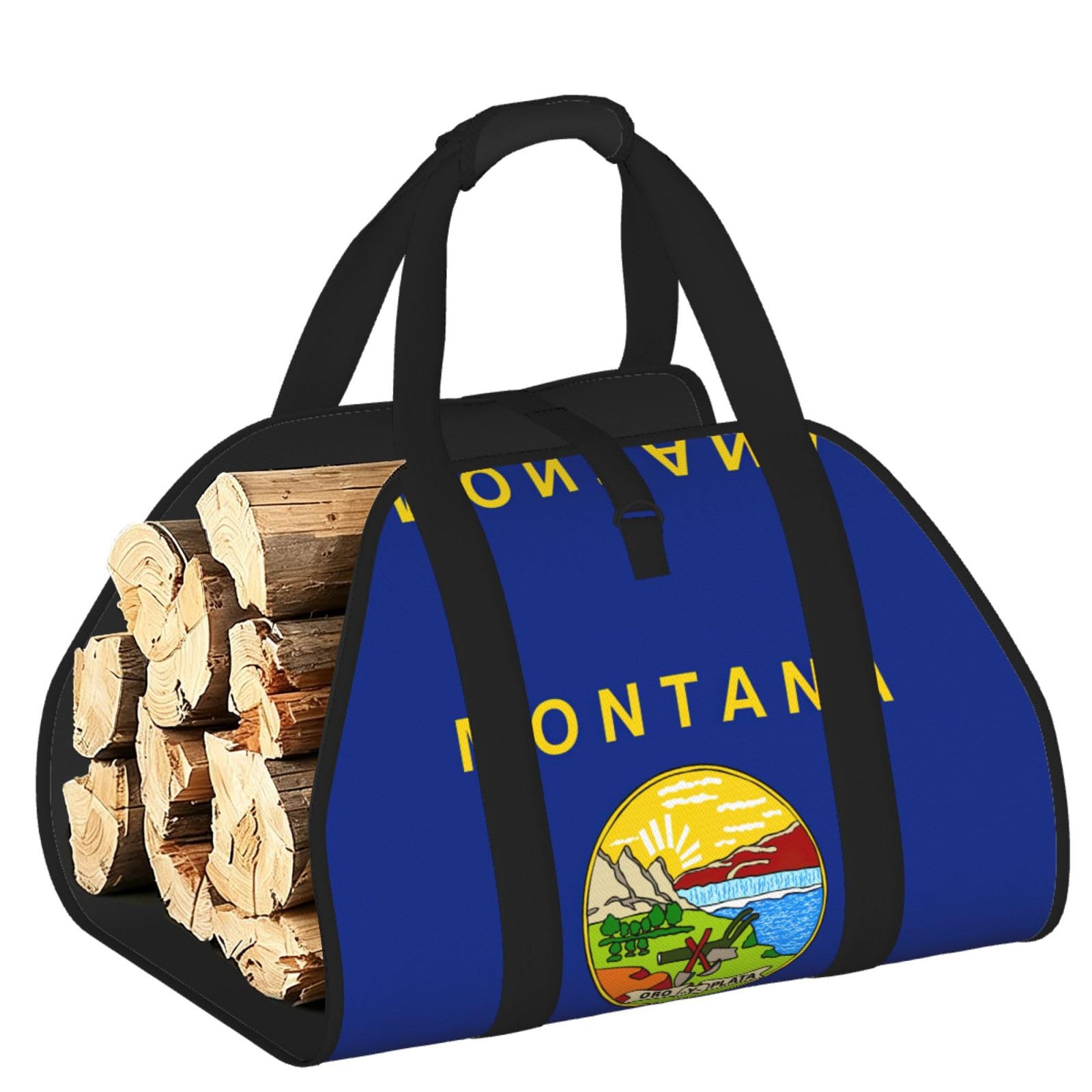 Montana State Flag Printed Firewood Carrier Bag, Log Tote with Open-Ended Design for Camping Outdoor Wood Hauling