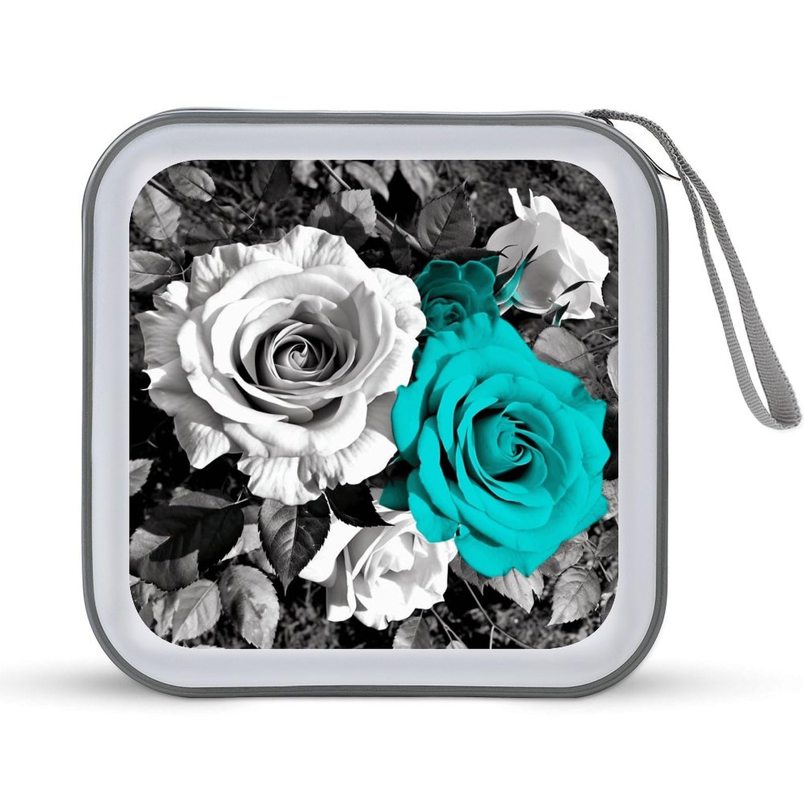 FekiLoot Black White Teal Gray Rose Flowers CD Case 40 Capacity DVD Case Holder Hard Plastic DVD Disc Storage Binder for Car Portable Zipper Disc Storage Organizer Wallet Bag for Home Travel