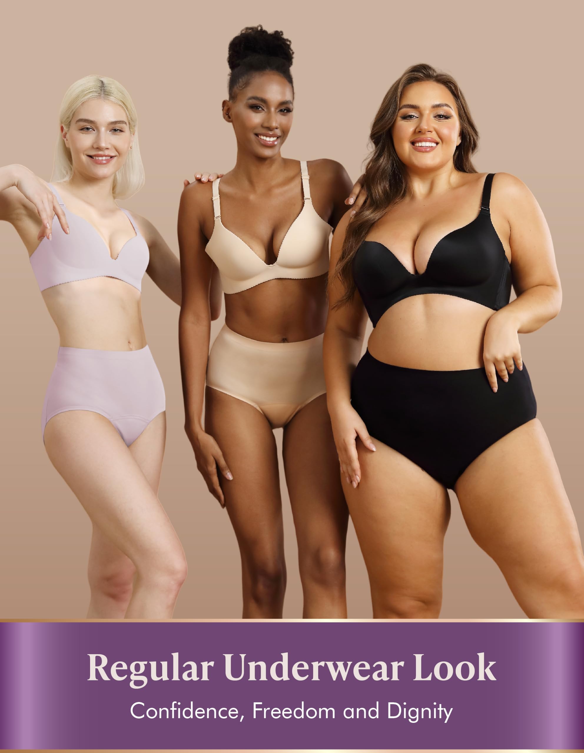 AIRCUTE Waschbare Harninkontinenz-Unterwäsche für Damen, saugfähig, nahtlos, hohe Taille, auslaufsicher, 3er-Pack (Beige-Beige-Blush, Größe S)