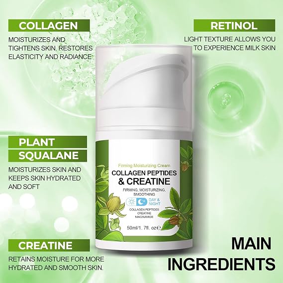 Collagen Peptide Moisturizer Cream with Retinol and Creatine - Skin Straightening Firming Cream - Anti-Aging Face Wrinkles Cream, Day & Night Moisturizing Face Cream -1.7oz