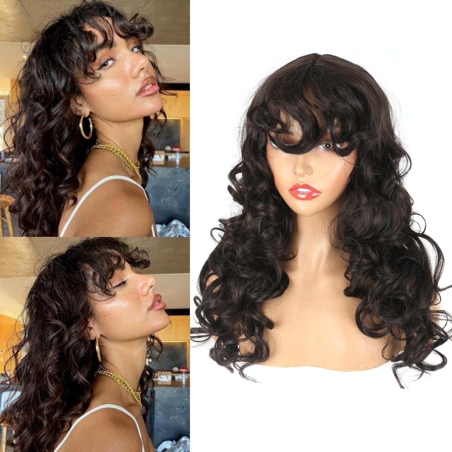 Oseti Long Curly Wig with Bangs Black Kinky Curly Layered Fluffy Shag Wig Synthetic Hair Wigs for Black Women Party Cosplay Use 24inch Long Curly Messy Hair Wigs with Bangs