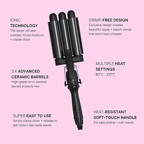 Miniatura 7 de Mermade Hair PRO Waver - Rizador de ondas de playa con triple barril de 1.260in I (1.260in, negro)