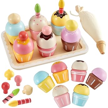 HERSITY Cupcake Toy for Children Cake Wooden Toy Kitchen Accessories Baking Toy Children Game Food Children's Kitchen Food Wood Birthday Gift for Girls Boys 2 3 4 Years