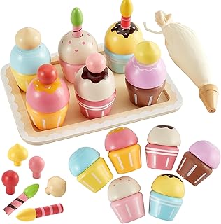 HERSITY Cupcake Toy Cakes, Wooden Toy Kitchen Pastry Children's Kitchen with Palette, Role Play Children's Birthday Gift for Girls 3 4 5 Years