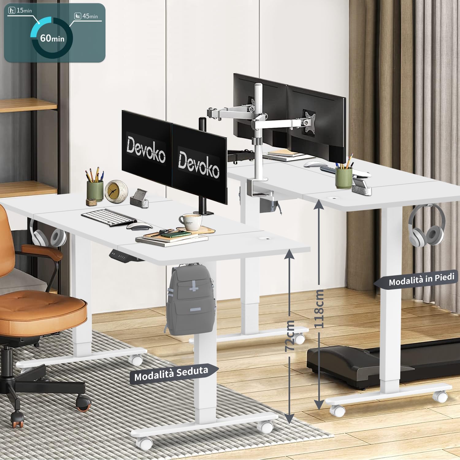 Devoko desk showing sitting and standing height ranges