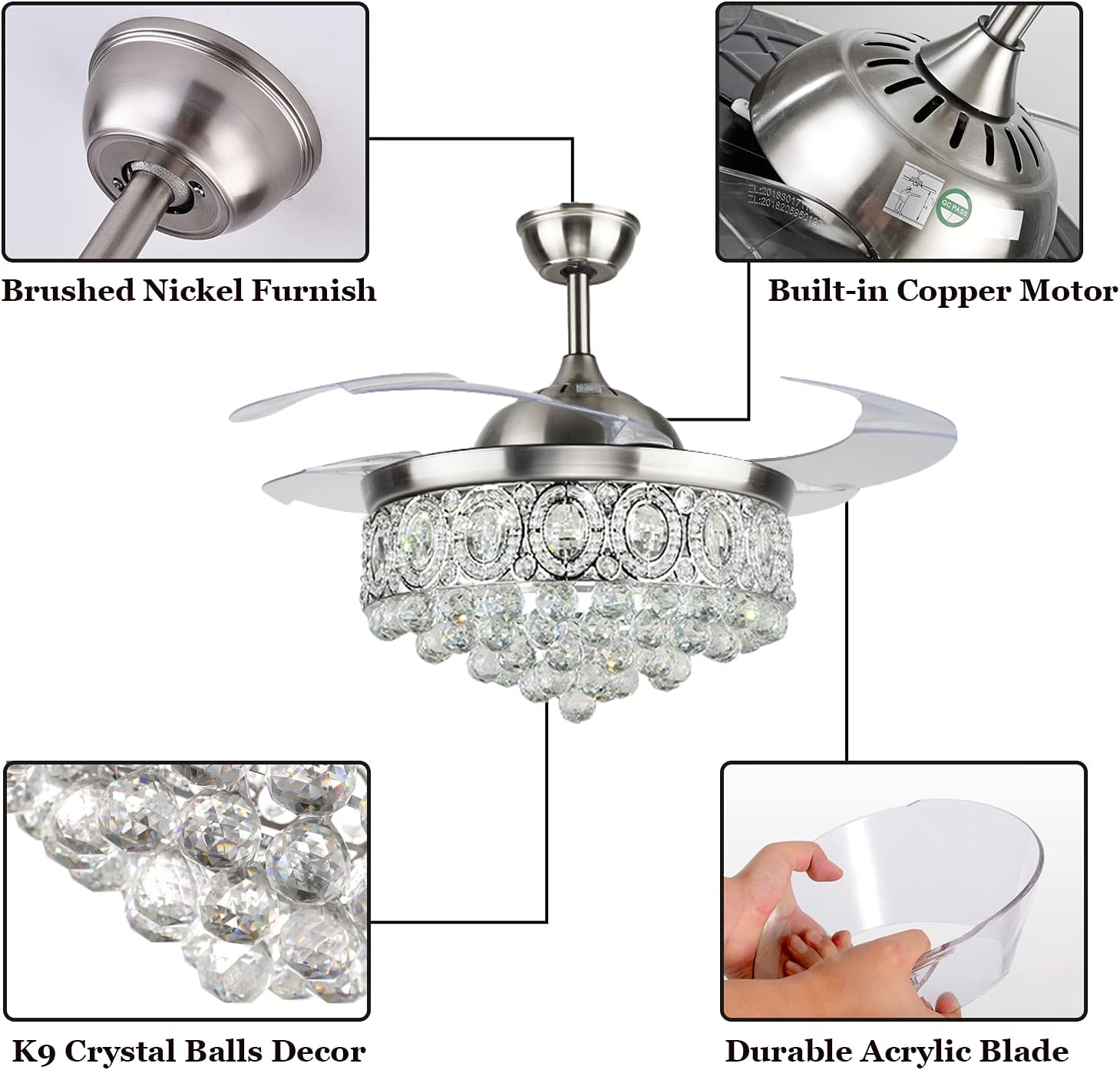 Fandian 42" Modern Crystal Ceiling Fan with Lights Chandelier Remote Control Fandelier, Silent Motor, 3 Speeds and 3 Lighting Colors Brushed Nickel Fixtures for Bedroom, Living Room