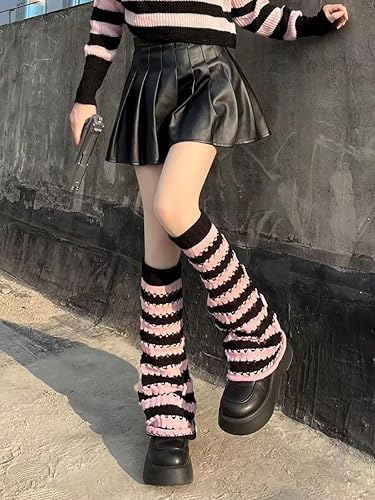 Vista 3 de Y2K Dark Academia Calentadores de pierna a rayas gráficos de punto largo calcetines góticos punk invierno puño japonés Lolita Accesorios