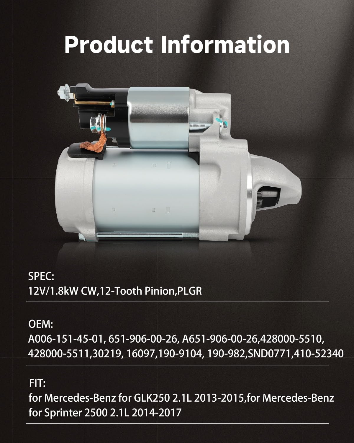 OCPTY Starter Fit for Mercedes-Benz for GLK250 2.1L 2013-2015,for Mercedes-Benz for Sprinter 2500 2.1L 2014-2017,for Mercedes-Benz for Sprinter 3500 2.1L 2014-2017 Replace 30219