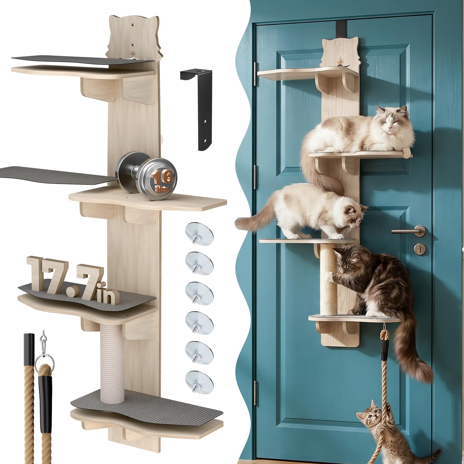 View 1 of 2026 New 4-Level Over Door Cat Tree, with (6 Suction Cups & Climbing Rope and Adjustable Hooks), Door Hanging Cat Shelf with 17.7in Perch – Over The Door Cat Tree Climber for Large Cats and Kittens