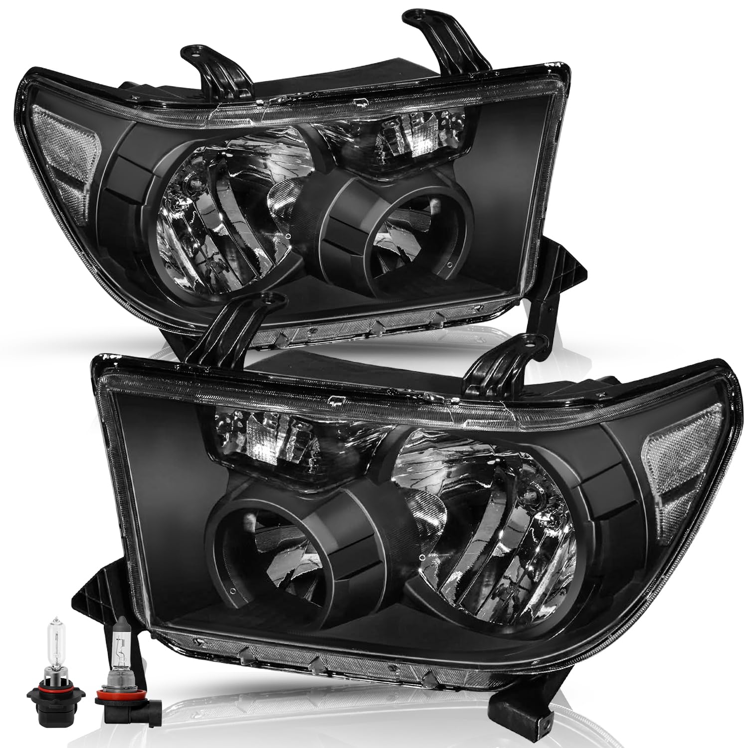 Headlight Assembly Replacement for 2007 2008 2009 2010 2011 2012 2013 Tundra / 2008-2017 Sequoia Driver and Passenger Side Black Housing with Bulbs,NOT fit for Tundra with Level Adjuster