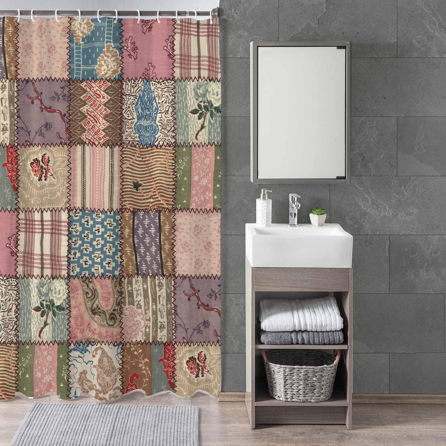 Woutay Shower Curtain Water Repellant Fabric Country Patchwork Quilt,Mould Proof Resistant,Polyester,with 12 Plastic Hooks - Image 3
