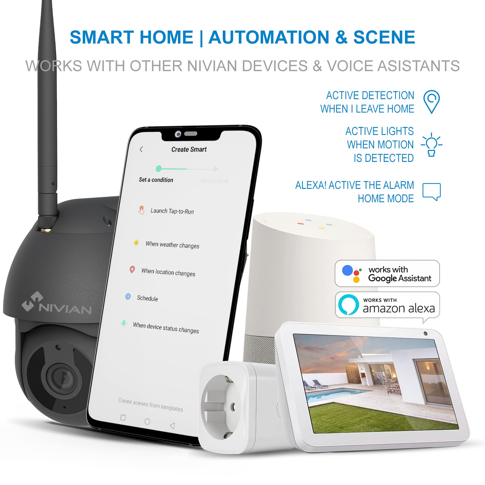Nivian-Cámara PTZ Wifi 2,4Ghz-2K-Movimiento remoto 360º con función Autotracking y detección de humanos-Visión nocturna 10m-Apta exterior-Compatible con Alexa y Google Home–Control remoto con APP Tuya