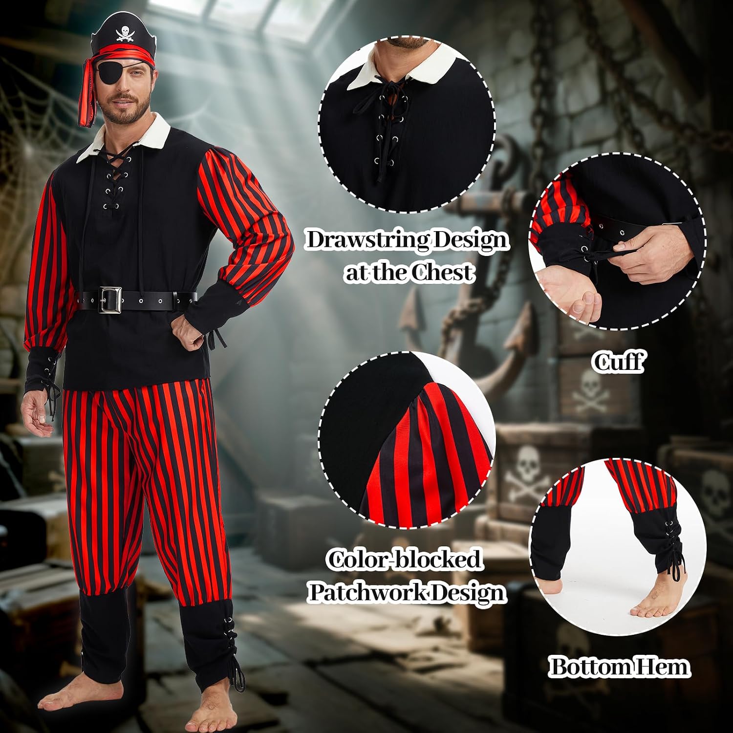 6 PCS Adult Men's Pirate Costume Outfit Renaissance Pirate Shirt Viking Pants Hat Set for Halloween