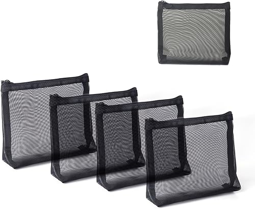 patu Widened Zipper Mesh Bags, Size M, 7" x 5.5" x 2", 5 Pieces, Beauty Makeup Cosmetic Accessories Organizer, Travel Toiletry Kit Set Storage Pouch, Black