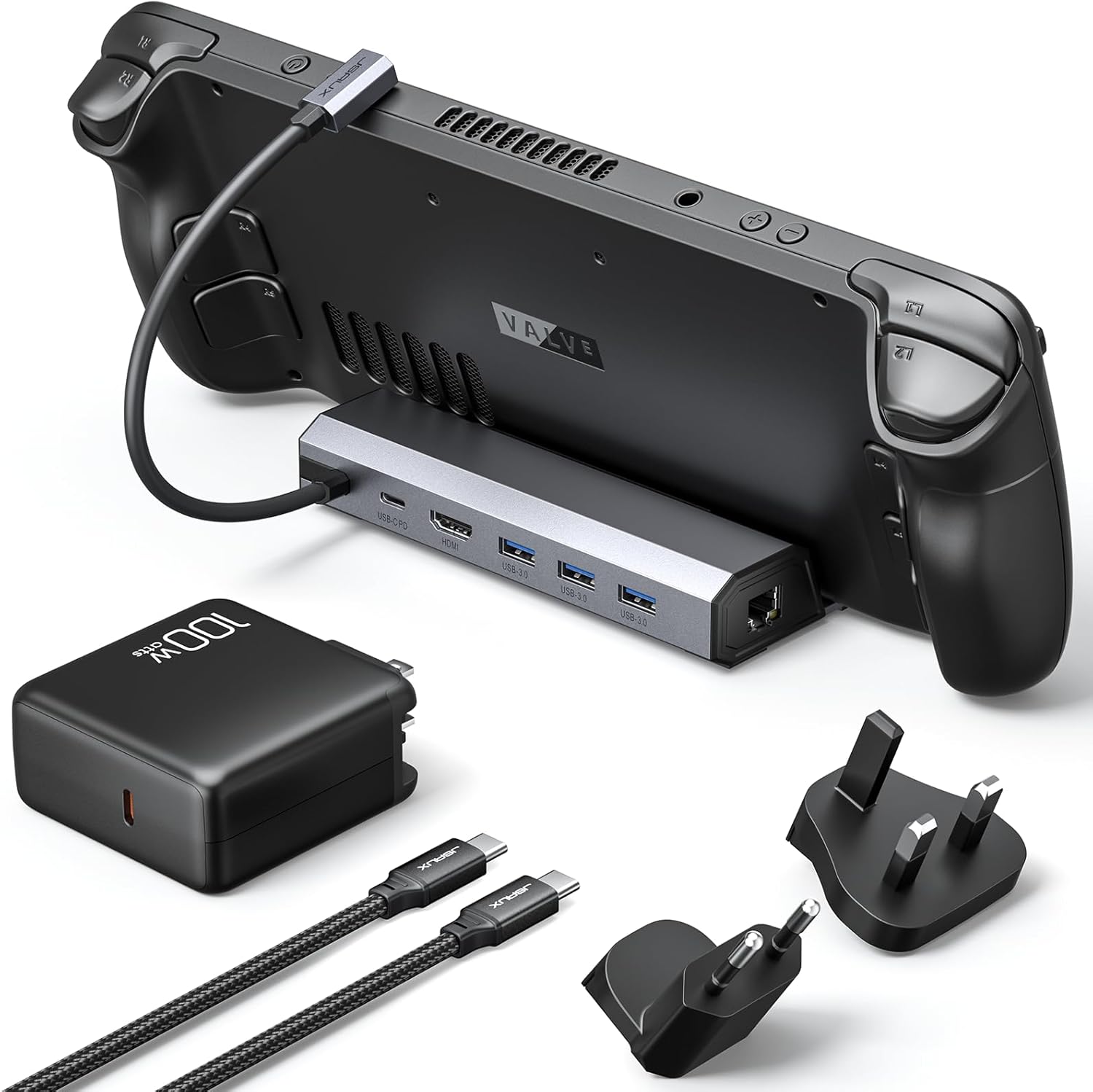 JSAUX 6-in-1 Docking Station with 100W USB-C Charger for ROG Ally/Steam Deck