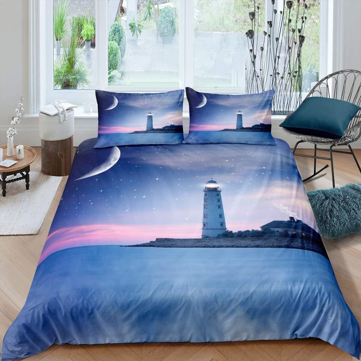 NUEYSP Double Duvet Set Lighthouse Double Bed Duvet Cover Set for Kids Aldult with Zipper Closure Hypoallergenic Microfiber Quilt Cover 78.7"x 78.7" + 2 Pillowcases 19.7"x 29.5"