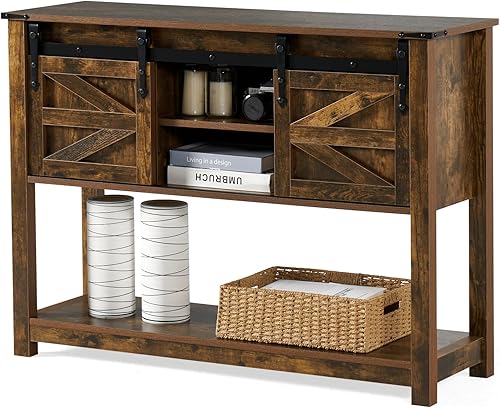 oneinmil Mesa de entrada con puertas correderas de granero, mesa de consola industrial y de granja de 43 pulgadas con almacenamiento, mesa de sofá