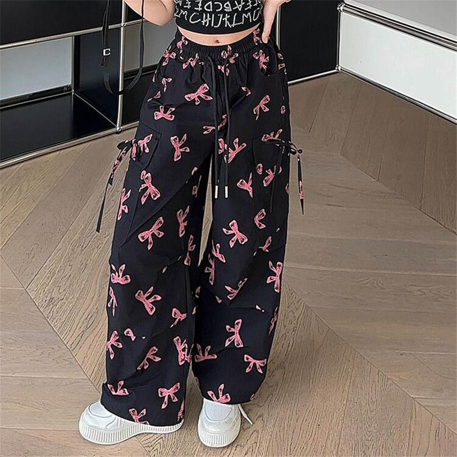 Girls Bow Print Cargo Pants Loose Long Drawstring Pants Y2K Streetwear Joggers Girls Oversized Trousers Trendy Clothes